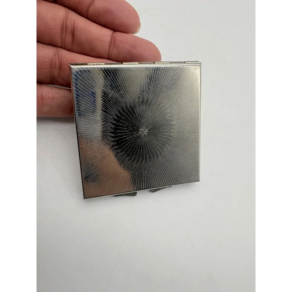 Vintage Square Silver Tone Makeup Compact Red Rose Floral Double Mirror